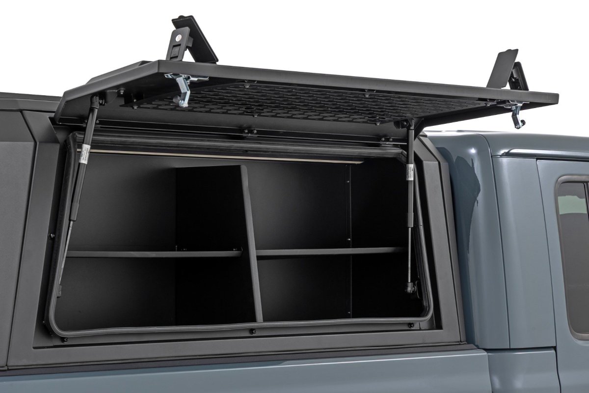 Jeep Gladiator JT Bed Cap Side Shelf Storage Bin - Passenger Side - Rough Country - Powder-Coated, Integrated LED Lighting - '20-'25